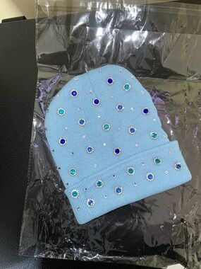 Light Blue Embellished Knit Beanie Hat